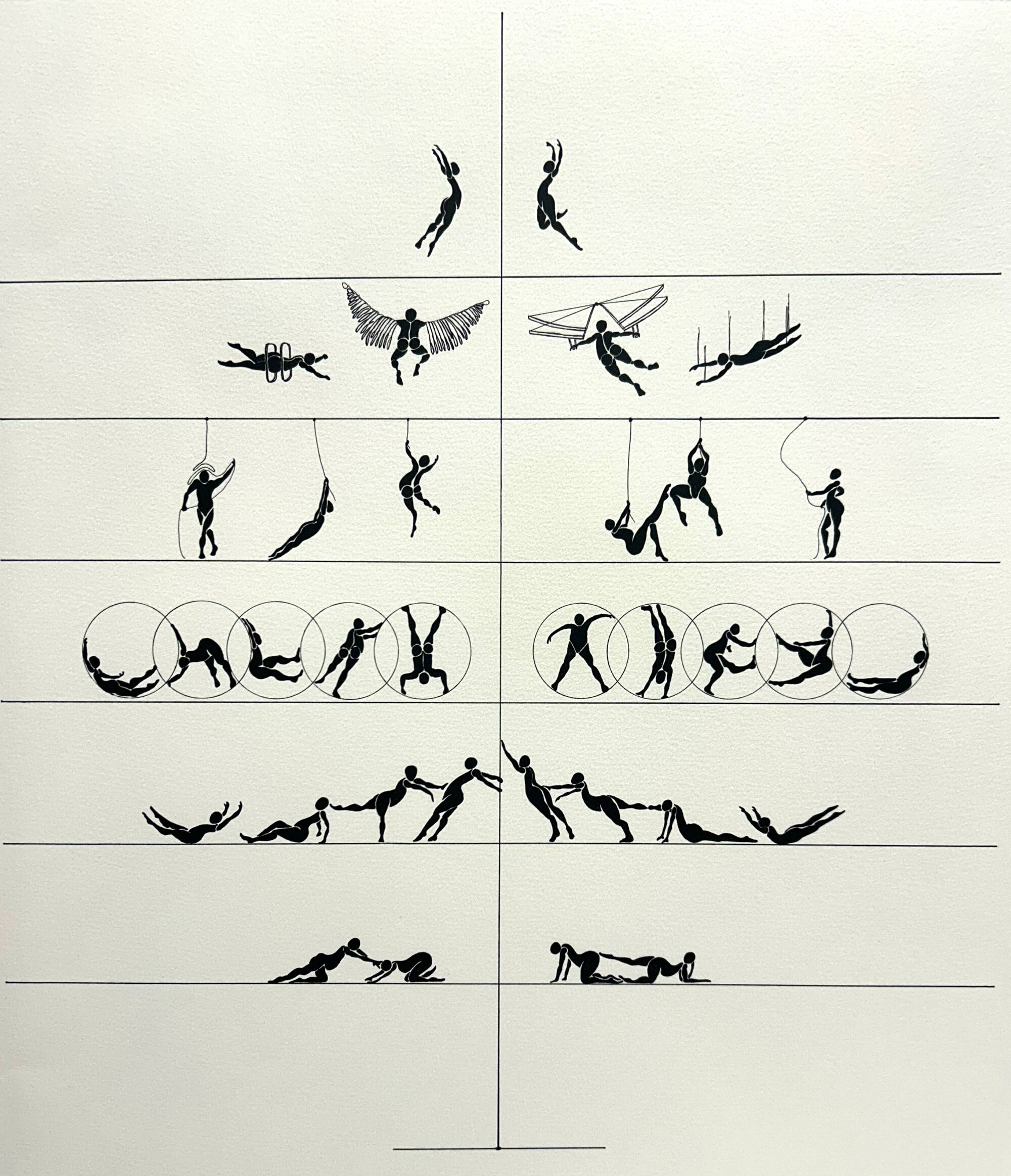 Drawing of tiny stick figures doing various activities, like flying with winds and streching.